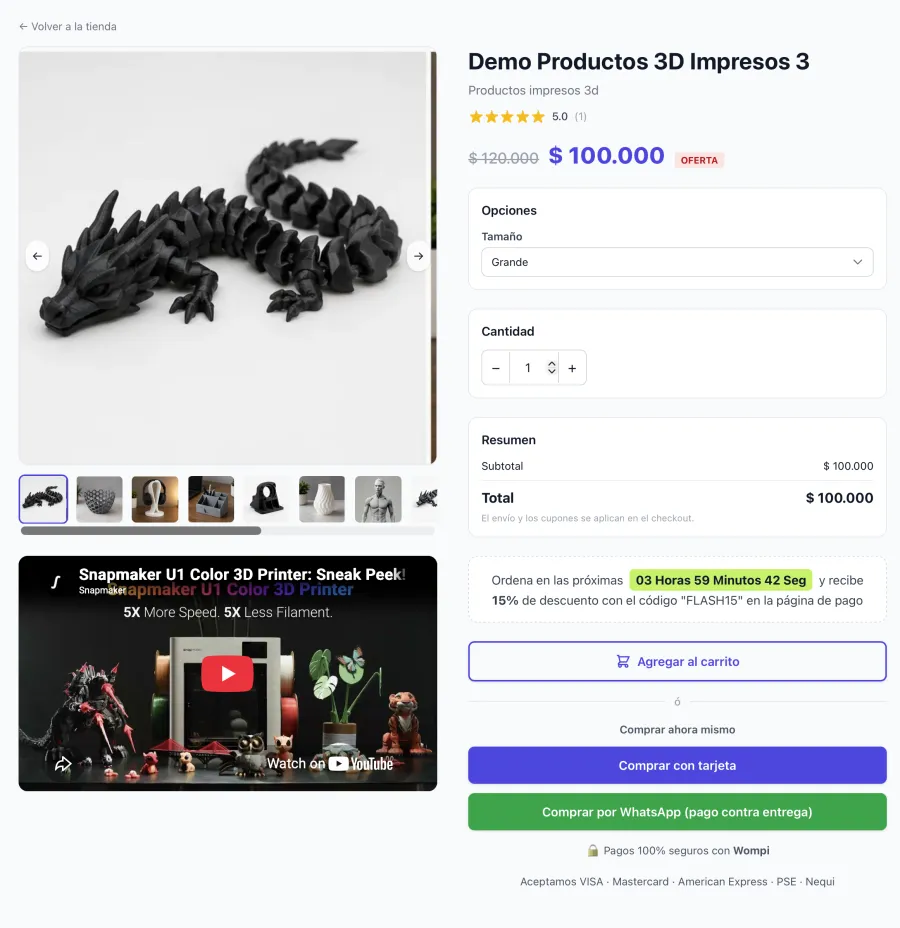 Página de producto de una tienda Tienly: figura 3D con precio, opciones de compra y pago con tarjeta o WhatsApp