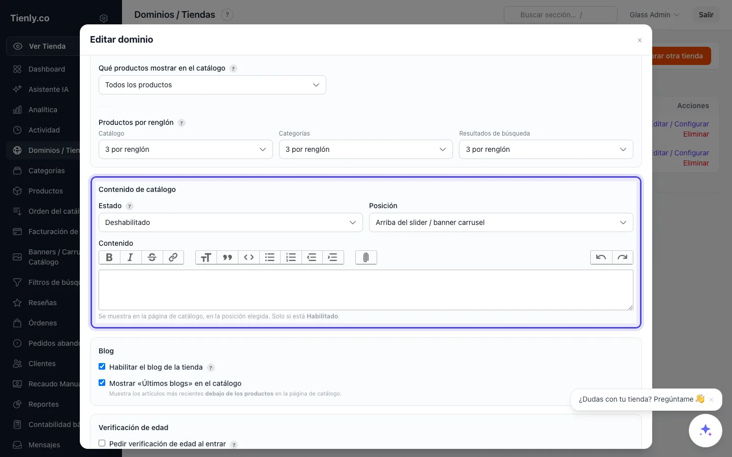 Captura de Contenido de la página de catálogo en el panel de Tienly
