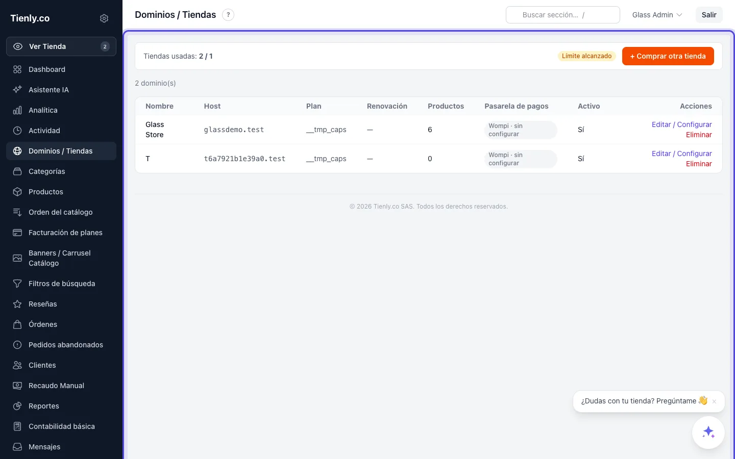 Captura de Dominio y SSL incluidos en el panel de Tienly