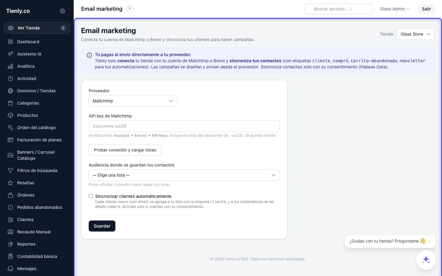 Captura de Email marketing en el panel de Tienly