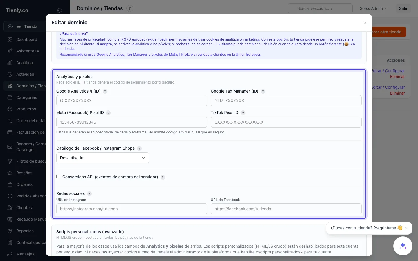 Captura de Integración con Facebook e Instagram en el panel de Tienly