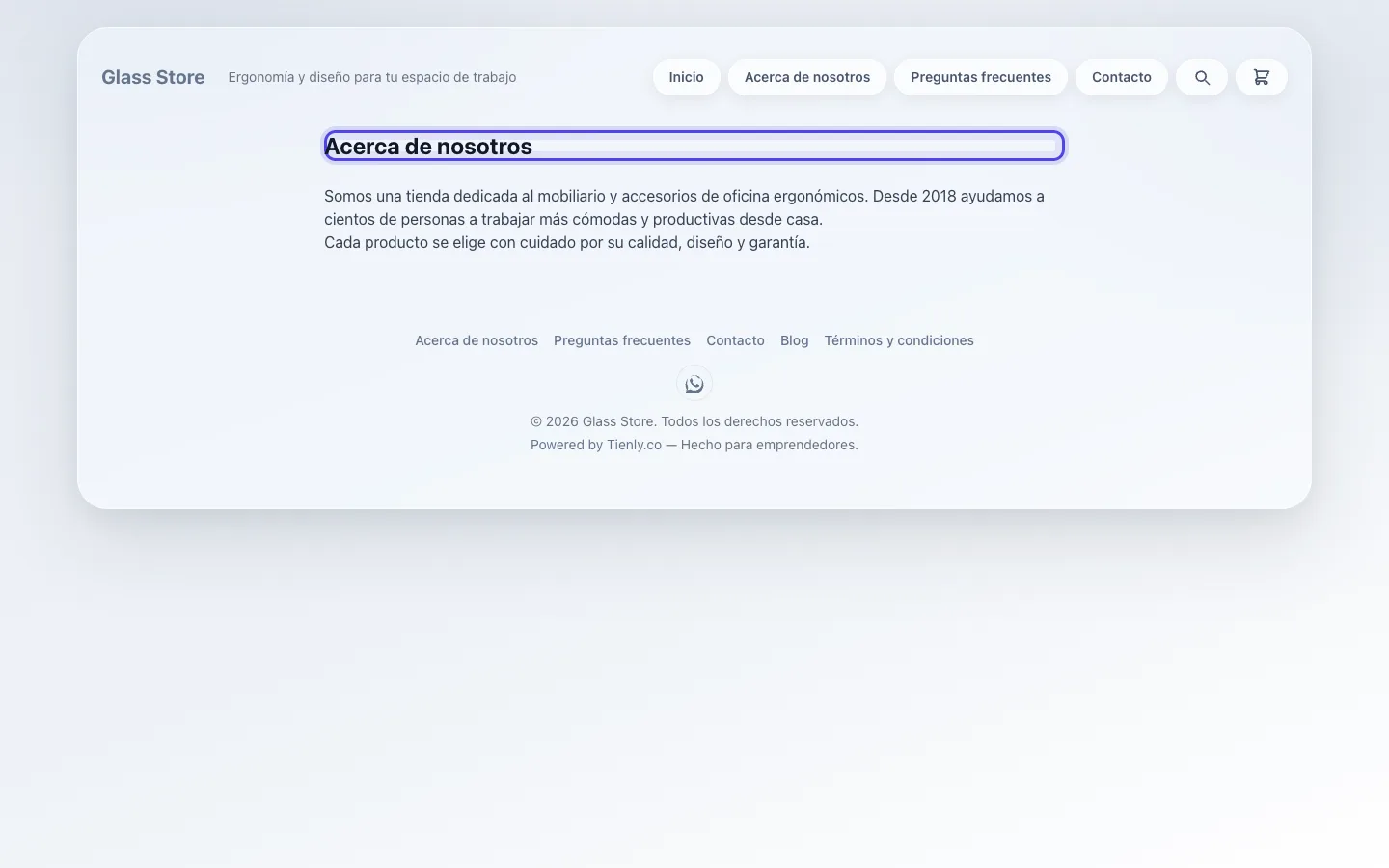 Captura de Página «Acerca» de la tienda en el panel de Tienly