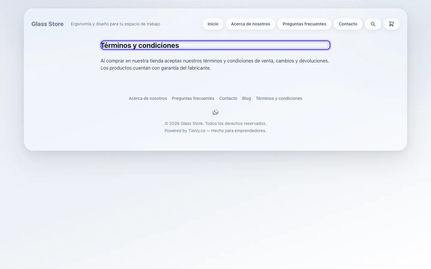 Captura de Página de términos y condiciones en el panel de Tienly