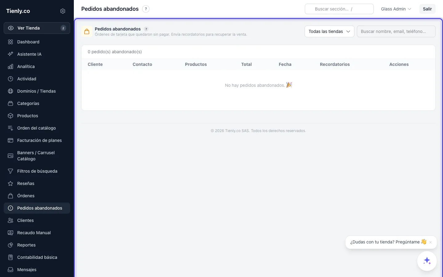 Captura de Recuperación de carritos abandonados en el panel de Tienly