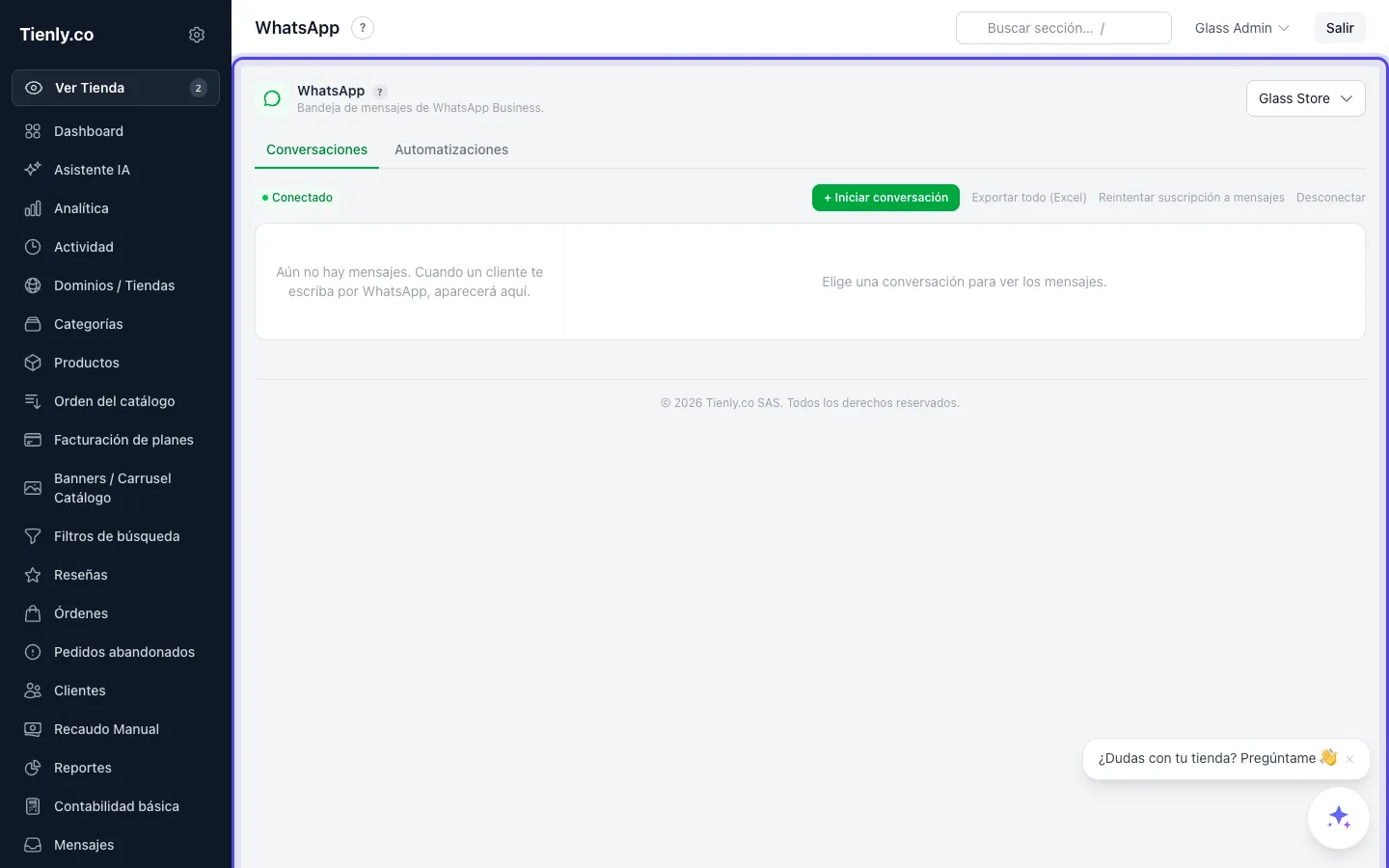 Captura de Conexión con WhatsApp Business en el panel de Tienly